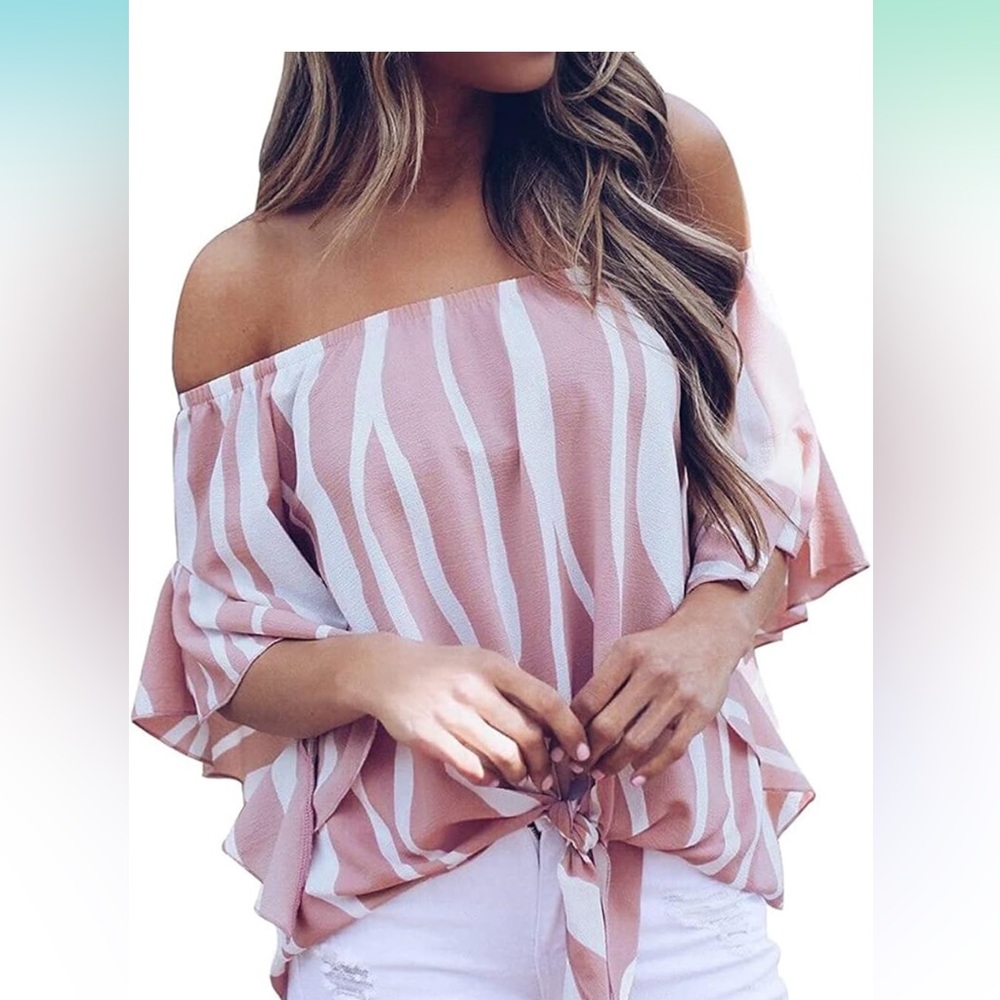 Amazon Striped Off-Shoulder Blouse in Pink and White